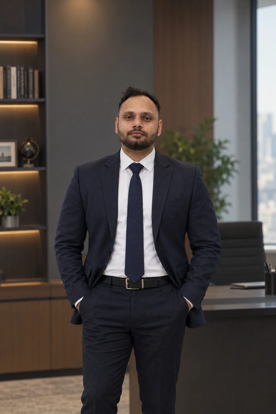 Muhammad Taha Ansari, Founder & Managing Director of Ansari Global Solutions, standing in a modern office